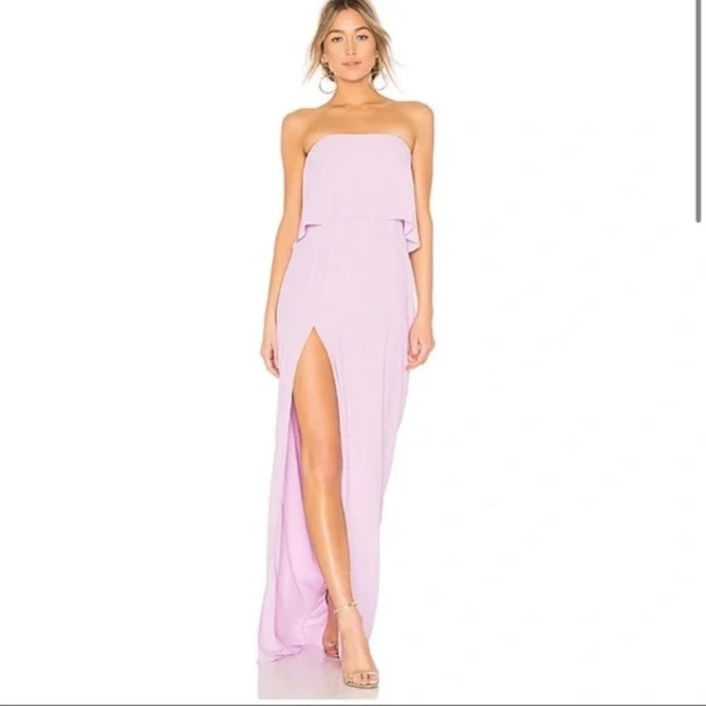 Amanda Uprichard Topanga Maxi Strapless Ruffle Slit Dress in Lavender sz S
